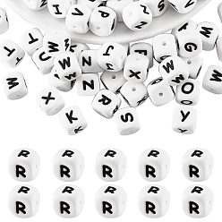 Letter R 20шт. белые кубические силиконовые бусины в форме букв, Бусины в виде букв алфавита для изготовления браслетов и ожерелий., фокусные бусы, Буква R, 12x12x12x12 мм, отверстие : 2 мм