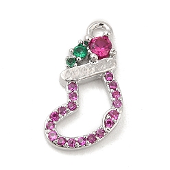 Platinum Rack Plating Brass Pave Cubic Zirconia Pendants, Long-Lasting Plated, Cadmium Free & Lead Free, Christmas Socking, Platinum, 15x10x2.5mm, Hole: 1.2mm