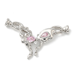 Platinum Rack Plating Brass Pave Clear Cubic Zirconia Fold Over Clasps, with Pink Glass, Cadmium Free & Lead Free, Long-Lasting Plated, Butterfly, Platinum, Butterfly: 22x25x7mm, Clasp: 13x7x6mm, Inner Diameter: 4mm