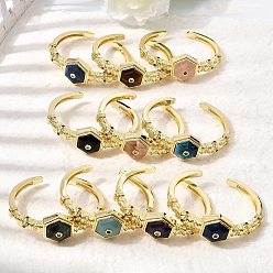 Смешанные камни Женские шестиугольные латунные браслеты-манжеты с натуральными драгоценными камнями и кубическим цирконием., золотые, внутренний диаметр: 1.89x2.34 дюйм (4.8x5.95 см), широкий: 25 мм.