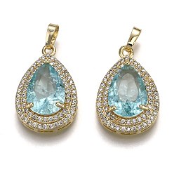 Светло-Голубой Позолоченная латунь с микропаве из прозрачного кубического циркония, со стеклом, долговечный, с кнопкой на поруки, слеза, Небесно-голубой, 24.5x16x7.5 мм, отверстие : 3x5 мм