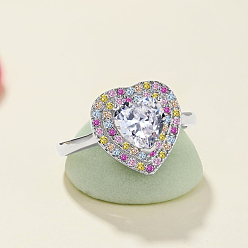 Real Platinum Plated Rhodium Plated 925 Sterling Silver Heart Finger Ring with Colorful Cubic Zirconia, with S925 Stamp, Real Platinum Plated, US Size 9(18.9mm)