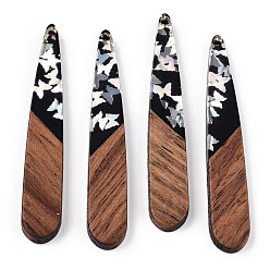 Серебро Подвески из непрозрачной смолы и ореха, подвески-капли с пайетками-бабочками, серебряные, 44x7.5x3.5 мм, отверстие : 1.5 мм