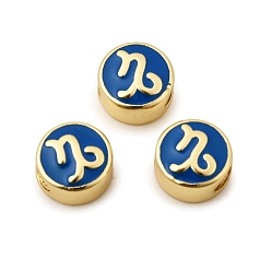 Козерог Латунные бусины, с эмалью, плоские круглые с созвездием, реальный 18 k позолоченный, синие, Козерог, 10x5 мм, отверстие : 4.5x2.5 мм