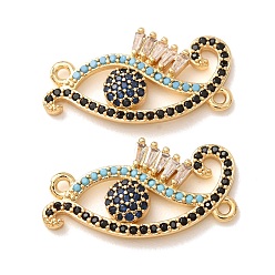 Real 18K Gold Plated Brass Micro Pave Cubic Zirconia Connector Charms, Evil Eye Links, Rack Plating, Long-Lasting Plated, Cadmium Free & Lead Free, Prussian Blue, Real 18K Gold Plated, 14x26x3mm, Hole: 1.5mm