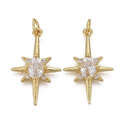Настоящее золото 18K Латунные микропаве прозрачные подвески с фианитом, с прыжковых колец, долговечный, Сияющая звезда, реальный 18 k позолоченный, 26x16x4.5 мм, отверстие : 3 мм
