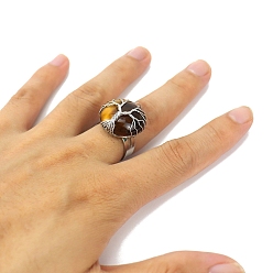 Tiger Eye Metal Wire Wrapped Natural Tiger Eye Open Cuff Rings, Flat Round with Tree of Life Ring for Men , Adjustable 
