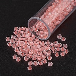 Light Coral 11/0 Grade A Round Glass Seed Beads, Transparent Inside Colours, Light Coral, 2.3x1.5mm, Hole: 1mm, about 48500pcs/pound