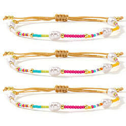 Coloré 3Bracelets tressés en perles de verre et perles d'imitation, Bracelets ajustables en fil de nylon tressé pour femmes, colorées, 11.02 pouce (28 cm)
