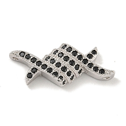 Platinum Brass Micro Pave Black Cubic Zirconia Connector Charms, Spool Shaped Links, Platinum, 10x22x4mm, Hole: 1mm