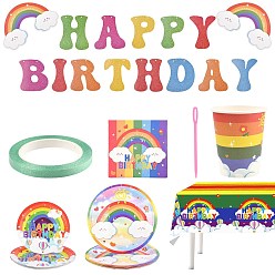 Разноцветный Наборы для украшения дня рождения в радужной тематике, с бумажными полотенцами, бумажными стаканчиками, скатертью и баннером, красочный, 30x20x8 см