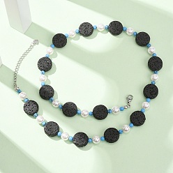 Plano Redondo Collares de piedras de lava natural teñidas, turquesa sintética redonda y perlas de imitación., con 304 cadenas finales de acero inoxidable, color acero inoxidable, negro, plano y redondo, 19.33 pulgada (49.1 cm)