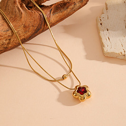 Star 304 Stainless Steel Pave Red Cubic Zirconia Star Pendant Double Layer Necklaces for Women, Golden, Star, 15.75 inch(40cm), Pendant: 14.5mm