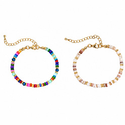 Mixed Color 2 Colors Dyed Natural Shell and Brass Rondelle Beaded Bracelet Sets for Women, Stackable Bracelets with Glass, Golden, Mixed Color, 6.50 inch(16.5cm)~6.69 inch(17cm), 2pcs/set
