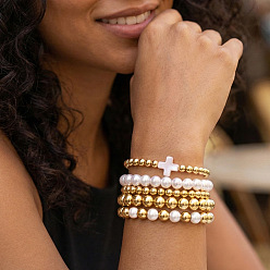Золотой 5шт. 5 Стильные элегантные браслеты из искусственного жемчуга и латунных бусин на эластичной основе для женщин, круглый и крест, золотые, 6.89 дюйм (17.5 см)