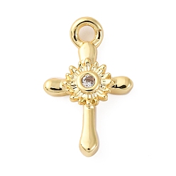 Настоящее золото 18K Латунные микропаве прозрачные кубические циркониевые подвески, без кадмия, без никеля и без свинца, крестик, реальный 18 k позолоченный, 12x7x2 мм, отверстие : 1.2 мм