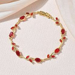 Roja Pulseras de eslabones de flores de latón y cristal, chapado en rack, larga duración plateado, sin plomo y el cadmio, real 18 k chapado en oro, rojo, 8.11 pulgada (20.6 cm)