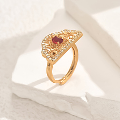 Красный Полые геометрические латунные микропаве регулируемые кольца для женщин, полукруглый, золотые, красные, 23x14 мм, внутренний диаметр: регулируемый