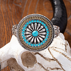 Античное Серебро Плоские круглые браслеты-манжеты из сплава с цветком и синтетической бирюзой для женщин, античное серебро, внутренний диаметр: 2-1/4 дюйм (5.6 см)