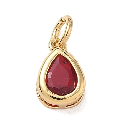Red Brass Pave Cubic Zirconia Charms, Teardrop Charms, Single Stone Charms, Long-Lasting Plated, Rack Plating, Lead Free & Cadmium Free, Real 18K Gold Plated, Red, 12x8x5mm, Hole: 4mm