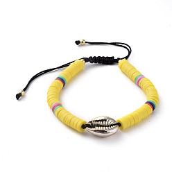 Yellow Adjustable Nylon Cord Braided Bead Bracelets, with Polymer Clay Heishi Beads, Electroplated Cowrie Shell Beads and Brass Round Beads, Yellow, 2 inch~3-1/2 inch(5~9cm)