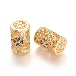 Golden Brass Micro Pave Clear Cubic Zirconia Beads, Long-Lasting Plated, Hollow, Column with Flower, Clear, Golden, 18x12.5mm, Hole: 2mm
