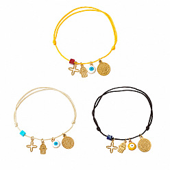 Mixed Color 3 Colors Religion 304 Stainless Steel Cross Hamsa Hand Evil Eye Charm Bracelet Sets, Adjustable Stackable Cord Bracelets with Cube Dyed Natural Imperial Jasper Beads, Golden, Mixed Color, 11.02 inch(28cm), 3pcs/set