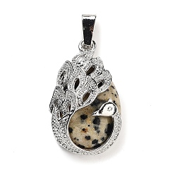 Далматинских Джаспер Подвески-капли из натуральной далматинской яшмы, подвески в виде павлина из сплава, платина, 33x19x10 мм, отверстие : 3.5x9 мм