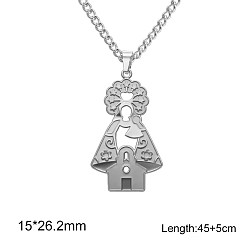 Stainless Steel Color 304 Stainless Steel Hollow Religion Virgin Pendant Necklaces, Stainless Steel Color, 17.72 inch(45cm), pendant: 15x26.2mm