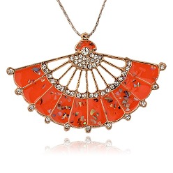 Orange Red Alloy Enamel Pendants, with Rhinestone, Fan, Golden, Orange Red, 42x68x4mm, Hole: 1mm