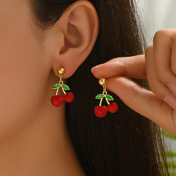 Вишня Латунная эмаль болтается серьги, золотые, вишня, 30x19 мм