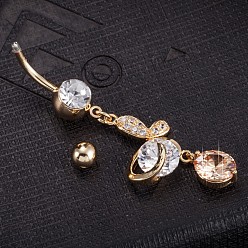 Orange Piercing-Schmuck, umweltfreundlicher Nabelring aus Zirkonoxid aus Messing, Bauchringe, mit 304 Edelstahlleiste, echt 18 k vergoldet, Schmetterling, orange, 53x15 mm, Stangenlänge: 3/8"(10mm), Stange: 14 Spurweite(1.6mm)