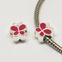 Камелия Сплав эмаль бабочка большая дыра европейские шарики, серебряный цвет гальваническим, камелия, 10x10x7 мм, отверстие : 4.5 мм