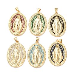 (52) Непрозрачная лаванда Латунные микро проложить кубического циркония подвески, стойки покрытие, долговечный, без свинца и без кадмия, овальные с рисунками " virgin mary", реальный 18 k позолоченный, разноцветные, 32.5x22x3 мм, отверстие : 5x4 мм