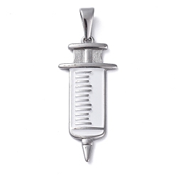 Stainless Steel Color 304 Stainless Steel Pendants, with Enamel, Injection Syringe Shape, White, Stainless Steel Color, 43x19.5x2.5mm, Hole: 8x3mm