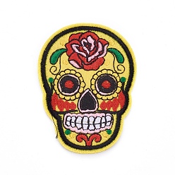 Yellow Computerized Embroidery Cloth Iron On Patches, Costume Accessories, Appliques, Sugar Skull, For Mexico Holiday Day of the Dead, Yellow, 72.2x53x1.9mm