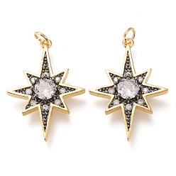 Черный Цвет Металла & Золотой Латунные микропаве прозрачные подвески с фианитом, с прыжковых колец, долговечный, звезда, металлический черный & золотой, 31.5x22x4.5 мм, отверстие : 3.7 мм