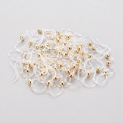 Настоящее золото 18K Крючки для серег из экологически чистого пластика, с 304 бусами из нержавеющей стали и горизонтальной петлей, круглые, реальный 18 k позолоченный, 15.5x8x0.7 мм, отверстие : 1.2 мм, штифты : 0.5 мм