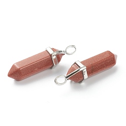 Goldstone Synthetic Goldstone Pendants, with Platinum Tone Brass Findings, Bullet, 39.5x12x11.5mm, Hole: 4.5x2.8mm