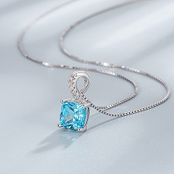 Светло-Голубой Квадратные 925 ожерелья из стерлингового серебра с подвеской в виде кубического циркония, платина, Небесно-голубой, 15.75 дюйм (40 см)