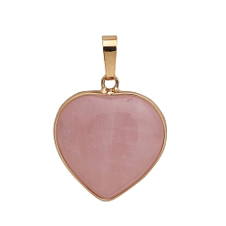 Rose Quartz Natural Rose Quartz Pendants, Heart Charms with Golden Plated Metal Snap on Bails, 25mm