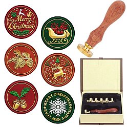 Mixed Shapes Christmas Wax Seal Stamp Set, 6Pcs Sealing Wax Stamp Solid Brass Heads with 1Pc Wood Handles, for Envelopes Invitations, Gift Card, Mixed Shapes, 75x22mm, 25mm, 6pcs/set