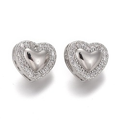Platinum Brass Micro Pave Clear Cubic Zirconia Shank Buttons, Cadmium Free & Lead Free, Heart, Platinum, 10x11x7.5mm, Hole: 1.4mm