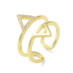 Golden Brass Triangle Open Cuff Ring, Clear Cubic Zirconia Ring for Women, Golden, Adjustable, 20.5mm