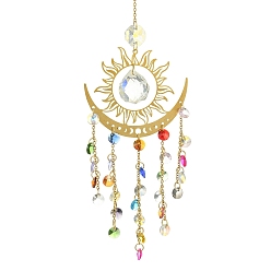 Colorful Brass & 304 Stainless Steel Sun Moon Suncatchers, Glass Flat Round Charm for Outdoor Garden Wall Hanging Decor, Colorful, 320mm