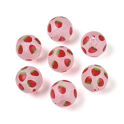 Клубника Прозрачные матовые акриловые бусины, круглый с фруктами, огнеупорный кирпич, клубника, 15~15.5 мм, отверстие : 2.5 мм