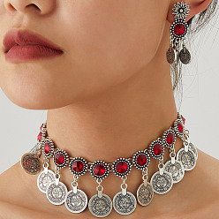 Светло-сиамский Комплекты из ожерелий с кисточками и серег-гвоздиков из сплава со стразами и круглыми монетами, античное серебро, Light Siam, 470 мм