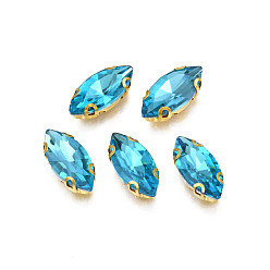 Deep Sky Blue Sew on Rhinestone, Transparent Glass Rhinestones, with Iron Prong Settings, Faceted, Horse Eye, Deep Sky Blue, 15x7x4.5mm, Hole: 1mm