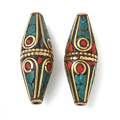 Античное Золото Ручной тибетском стиле бисера, двухконусные, Латунные бусины, с синтетическими бирюзовый, античное золото , 39.5~40x14 мм, отверстие : 1.6 мм