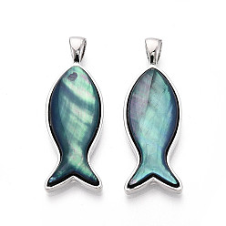 Кадет Синий Подвески из сплава и окрашенных натуральных раковин морского ушка, рыбы прелести, платина, кадетский синий, 42.5~43x14.5~15x4.5~5 мм, отверстие : 6x3.5 мм